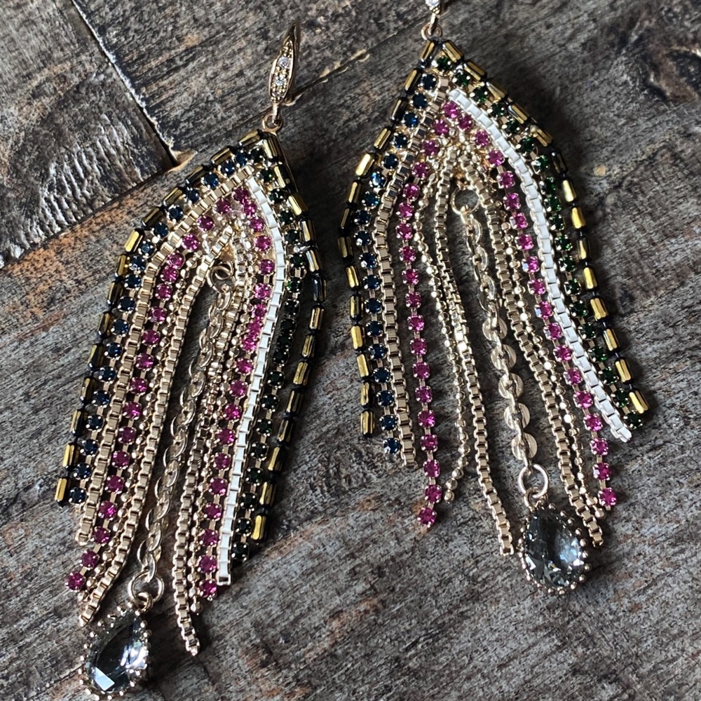 NEW Multicolor Crystal & Fringe Statement Earrings